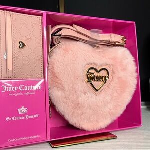 Juicy Couture Heart Faux Fur Crossbody Bag Taffy Pink with Card Case & Box NWT